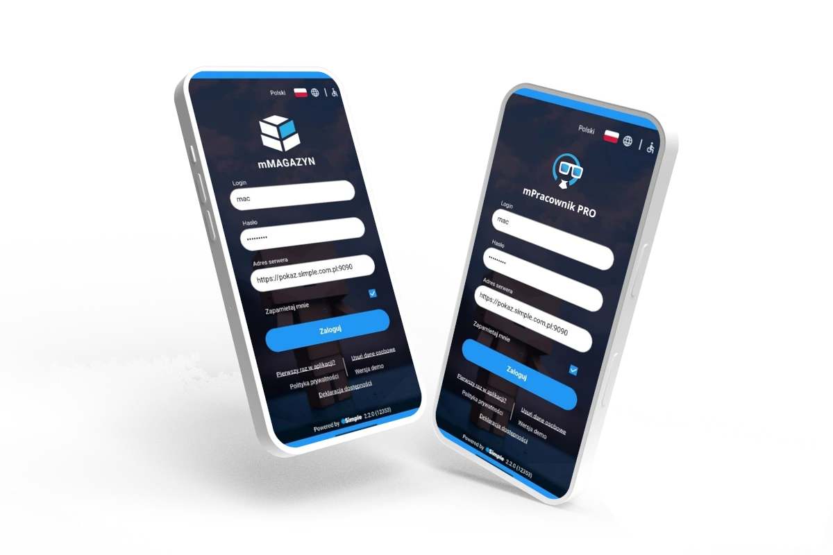 Aplikacja mobilna Simple - ekrany logowania mMAGAZYN i mPracownik PRO